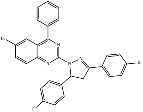 6-bromo-2-[3-(4-bromophenyl)-5-(4-fluorophenyl)-4,5-dihydro-1H-pyrazol-1-yl]-4-phenylquinazoline Struktur