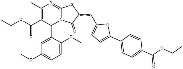 ethyl 5-(2,5-dimethoxyphenyl)-2-({5-[4-(ethoxycarbonyl)phenyl]-2-furyl}methylene)-7-methyl-3-oxo-2,3-dihydro-5H-[1,3]thiazolo[3,2-a]pyrimidine-6-carboxylate Struktur