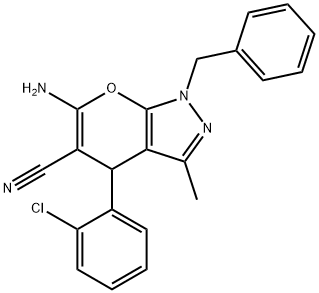 6-amino-4-(2-chlorophenyl)-3-methyl-1-(phenylmethyl)-1,4-dihydropyrano[2,3-c]pyrazole-5-carbonitrile Struktur