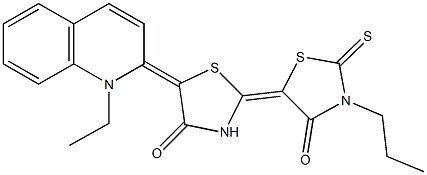 5-(1-ethyl-2(1H)-quinolinylidene)-3'-propyl-2'-thioxo-2,5'-bis[1,3-thiazolidin-2-ylidene]-4,4'-dione Struktur