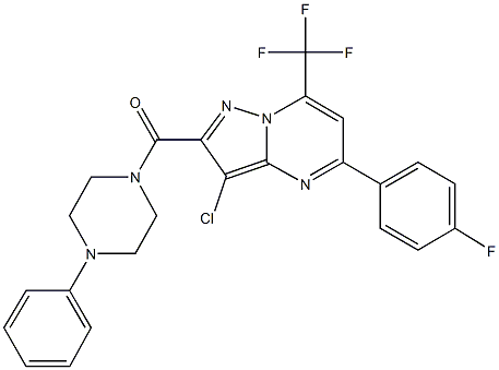 3-chloro-5-(4-fluorophenyl)-2-[(4-phenyl-1-piperazinyl)carbonyl]-7-(trifluoromethyl)pyrazolo[1,5-a]pyrimidine Struktur