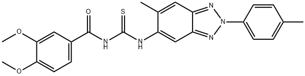 N-(3,4-dimethoxybenzoyl)-N'-[6-methyl-2-(4-methylphenyl)-2H-1,2,3-benzotriazol-5-yl]thiourea Struktur