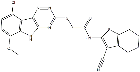 2-[(9-chloro-6-methoxy-5H-[1,2,4]triazino[5,6-b]indol-3-yl)sulfanyl]-N-(3-cyano-4,5,6,7-tetrahydro-1-benzothien-2-yl)acetamide Struktur