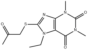 7-ethyl-1,3-dimethyl-8-[(2-oxopropyl)sulfanyl]-3,7-dihydro-1H-purine-2,6-dione Struktur