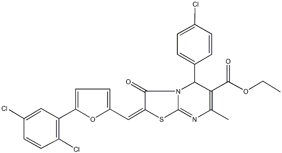 ethyl 5-(4-chlorophenyl)-2-{[5-(2,5-dichlorophenyl)-2-furyl]methylene}-7-methyl-3-oxo-2,3-dihydro-5H-[1,3]thiazolo[3,2-a]pyrimidine-6-carboxylate Struktur