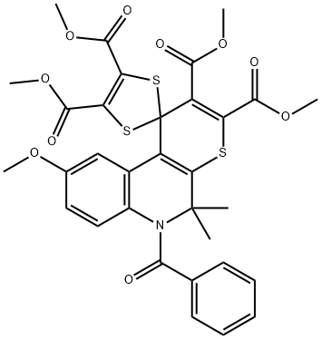 tetramethyl 6'-benzoyl-9'-methoxy-5',5'-dimethyl-5',6'-dihydrospiro[1,3-dithiole-2,1'-(1'H)-thiopyrano[2,3-c]quinoline]-2',3',4,5-tetracarboxylate Struktur