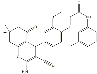 2-[4-(2-amino-3-cyano-7,7-dimethyl-5-oxo-5,6,7,8-tetrahydro-4H-chromen-4-yl)-2-methoxyphenoxy]-N-(3-methylphenyl)acetamide Struktur