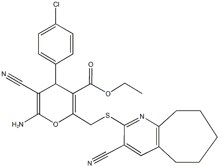 ethyl 6-amino-4-(4-chlorophenyl)-5-cyano-2-{[(3-cyano-6,7,8,9-tetrahydro-5H-cyclohepta[b]pyridin-2-yl)sulfanyl]methyl}-4H-pyran-3-carboxylate Struktur