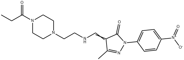 2-{4-nitrophenyl}-5-methyl-4-({[2-(4-propionyl-1-piperazinyl)ethyl]amino}methylene)-2,4-dihydro-3H-pyrazol-3-one Struktur