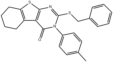 2-(benzylsulfanyl)-3-(4-methylphenyl)-5,6,7,8-tetrahydro[1]benzothieno[2,3-d]pyrimidin-4(3H)-one Struktur