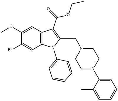 ethyl 6-bromo-5-methoxy-2-{[4-(2-methylphenyl)-1-piperazinyl]methyl}-1-phenyl-1H-indole-3-carboxylate Struktur