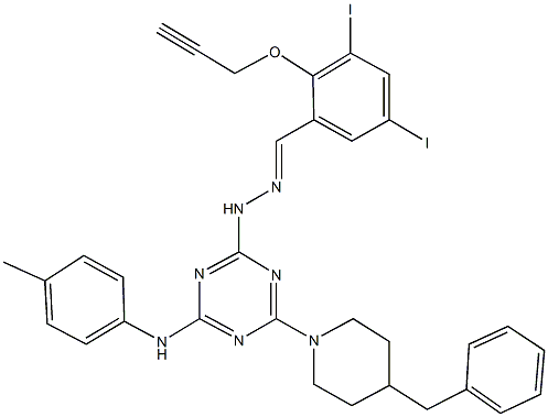 3,5-diiodo-2-(2-propynyloxy)benzaldehyde [4-(4-benzyl-1-piperidinyl)-6-(4-toluidino)-1,3,5-triazin-2-yl]hydrazone Struktur