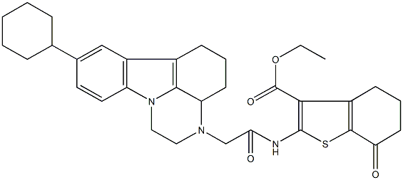 ethyl 2-{[(8-cyclohexyl-1,2,3a,4,5,6-hexahydro-3H-pyrazino[3,2,1-jk]carbazol-3-yl)acetyl]amino}-7-oxo-4,5,6,7-tetrahydro-1-benzothiophene-3-carboxylate Struktur