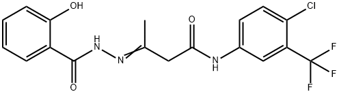 N-[4-chloro-3-(trifluoromethyl)phenyl]-3-[(2-hydroxybenzoyl)hydrazono]butanamide Struktur