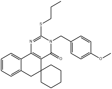 3-(4-methoxybenzyl)-2-(propylsulfanyl)-5,6-dihydrospiro(benzo[h]quinazoline-5,1'-cyclohexane)-4(3H)-one Struktur