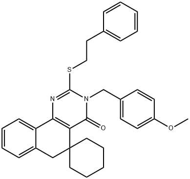 3-(4-methoxybenzyl)-2-[(2-phenylethyl)sulfanyl]-5,6-dihydrospiro(benzo[h]quinazoline-5,1'-cyclohexane)-4(3H)-one Struktur