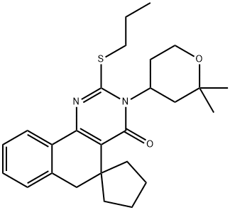 3-(2,2-dimethyltetrahydro-2H-pyran-4-yl)-2-(propylsulfanyl)-5,6-dihydrospiro(benzo[h]quinazoline-5,1'-cyclopentane)-4(3H)-one Struktur