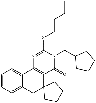 2-(butylsulfanyl)-3-(cyclopentylmethyl)-5,6-dihydrospiro(benzo[h]quinazoline-5,1'-cyclopentane)-4(3H)-one Struktur