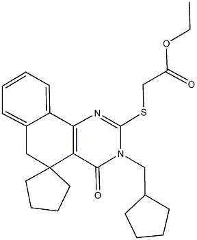 ethyl {[3-(cyclopentylmethyl)-4-oxo-3,4,5,6-tetrahydrospiro(benzo[h]quinazoline-5,1'-cyclopentane)-2-yl]sulfanyl}acetate Struktur