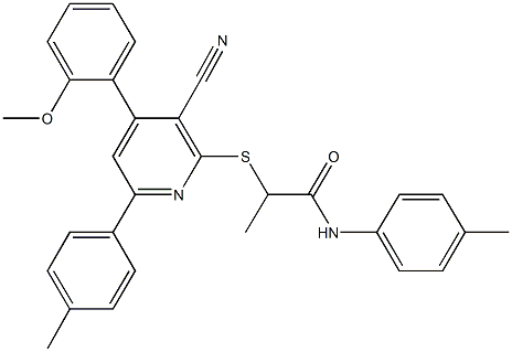 2-{[3-cyano-4-(2-methoxyphenyl)-6-(4-methylphenyl)-2-pyridinyl]sulfanyl}-N-(4-methylphenyl)propanamide Struktur