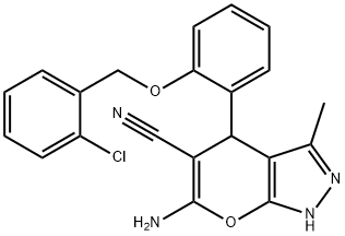 6-amino-4-{2-[(2-chlorobenzyl)oxy]phenyl}-3-methyl-1,4-dihydropyrano[2,3-c]pyrazole-5-carbonitrile Struktur