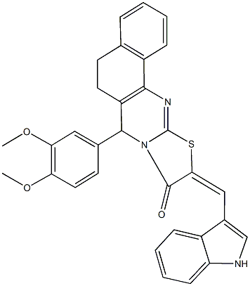 7-(3,4-dimethoxyphenyl)-10-(1H-indol-3-ylmethylene)-5,7-dihydro-6H-benzo[h][1,3]thiazolo[2,3-b]quinazolin-9(10H)-one Struktur