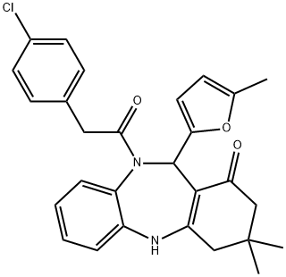 10-[(4-chlorophenyl)acetyl]-3,3-dimethyl-11-(5-methyl-2-furyl)-2,3,4,5,10,11-hexahydro-1H-dibenzo[b,e][1,4]diazepin-1-one Struktur