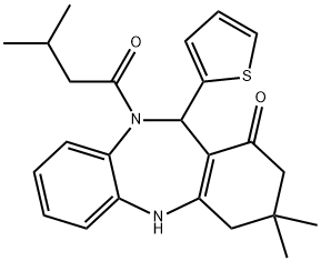 3,3-dimethyl-10-(3-methylbutanoyl)-11-(2-thienyl)-2,3,4,5,10,11-hexahydro-1H-dibenzo[b,e][1,4]diazepin-1-one Struktur