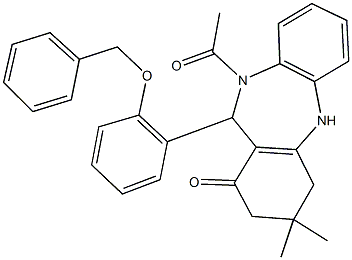 10-acetyl-11-[2-(benzyloxy)phenyl]-3,3-dimethyl-2,3,4,5,10,11-hexahydro-1H-dibenzo[b,e][1,4]diazepin-1-one Struktur