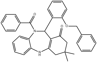 10-benzoyl-11-[2-(benzyloxy)phenyl]-3,3-dimethyl-2,3,4,5,10,11-hexahydro-1H-dibenzo[b,e][1,4]diazepin-1-one Struktur