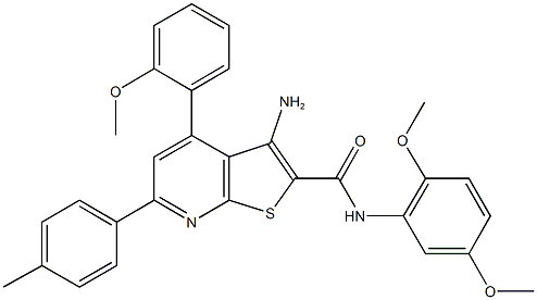 3-amino-N-(2,5-dimethoxyphenyl)-4-(2-methoxyphenyl)-6-(4-methylphenyl)thieno[2,3-b]pyridine-2-carboxamide Struktur