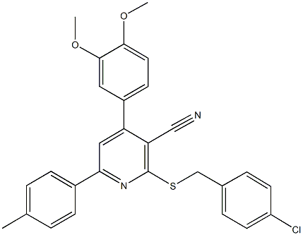 2-[(4-chlorobenzyl)sulfanyl]-4-(3,4-dimethoxyphenyl)-6-(4-methylphenyl)nicotinonitrile Struktur