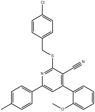 2-[(4-chlorobenzyl)sulfanyl]-4-(2-methoxyphenyl)-6-(4-methylphenyl)nicotinonitrile Struktur