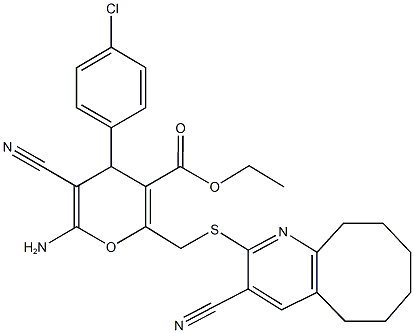 ethyl 6-amino-4-(4-chlorophenyl)-5-cyano-2-{[(3-cyano-5,6,7,8,9,10-hexahydrocycloocta[b]pyridin-2-yl)sulfanyl]methyl}-4H-pyran-3-carboxylate Struktur