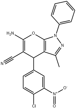 6-amino-4-{4-chloro-3-nitrophenyl}-3-methyl-1-phenyl-1,4-dihydropyrano[2,3-c]pyrazole-5-carbonitrile Struktur