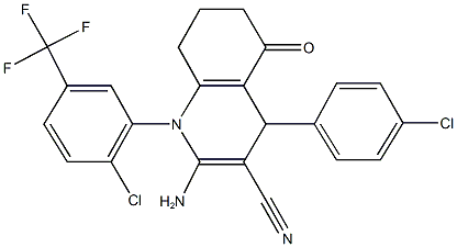 2-amino-4-(4-chlorophenyl)-1-[2-chloro-5-(trifluoromethyl)phenyl]-5-oxo-1,4,5,6,7,8-hexahydro-3-quinolinecarbonitrile Struktur