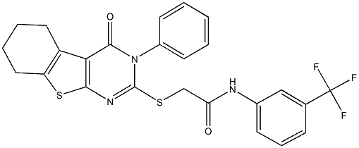 2-[(4-oxo-3-phenyl-3,4,5,6,7,8-hexahydro[1]benzothieno[2,3-d]pyrimidin-2-yl)sulfanyl]-N-[3-(trifluoromethyl)phenyl]acetamide Struktur