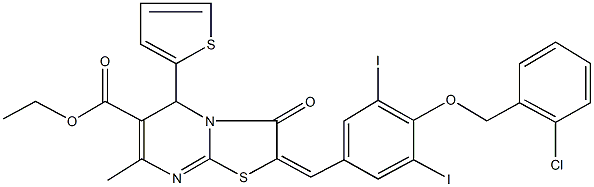 ethyl 2-{4-[(2-chlorobenzyl)oxy]-3,5-diiodobenzylidene}-7-methyl-3-oxo-5-(2-thienyl)-2,3-dihydro-5H-[1,3]thiazolo[3,2-a]pyrimidine-6-carboxylate Struktur