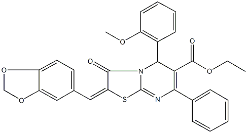 ethyl 2-(1,3-benzodioxol-5-ylmethylene)-5-(2-methoxyphenyl)-3-oxo-7-phenyl-2,3-dihydro-5H-[1,3]thiazolo[3,2-a]pyrimidine-6-carboxylate Struktur