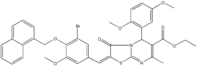 ethyl 2-[3-bromo-5-methoxy-4-(1-naphthylmethoxy)benzylidene]-5-(2,5-dimethoxyphenyl)-7-methyl-3-oxo-2,3-dihydro-5H-[1,3]thiazolo[3,2-a]pyrimidine-6-carboxylate Struktur