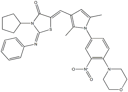 3-cyclopentyl-5-({1-[3-nitro-4-(4-morpholinyl)phenyl]-2,5-dimethyl-1H-pyrrol-3-yl}methylene)-2-(phenylimino)-1,3-thiazolidin-4-one Struktur