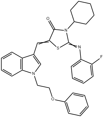 3-cyclohexyl-2-[(2-fluorophenyl)imino]-5-{[1-(2-phenoxyethyl)-1H-indol-3-yl]methylene}-1,3-thiazolidin-4-one Struktur