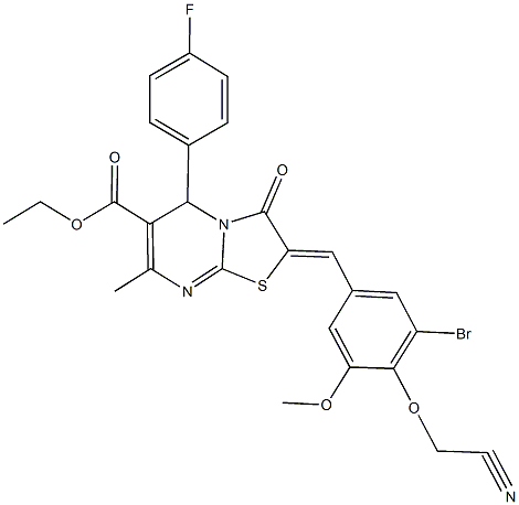 ethyl 2-[3-bromo-4-(cyanomethoxy)-5-methoxybenzylidene]-5-(4-fluorophenyl)-7-methyl-3-oxo-2,3-dihydro-5H-[1,3]thiazolo[3,2-a]pyrimidine-6-carboxylate Struktur