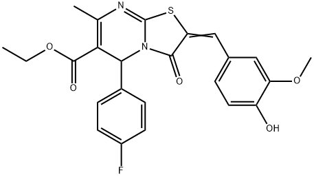 ethyl 5-(4-fluorophenyl)-2-(4-hydroxy-3-methoxybenzylidene)-7-methyl-3-oxo-2,3-dihydro-5H-[1,3]thiazolo[3,2-a]pyrimidine-6-carboxylate Struktur