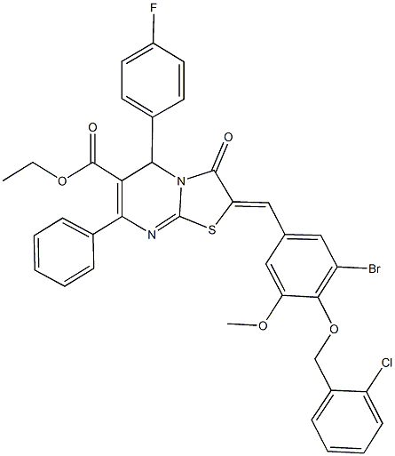 ethyl 2-{3-bromo-4-[(2-chlorobenzyl)oxy]-5-methoxybenzylidene}-5-(4-fluorophenyl)-3-oxo-7-phenyl-2,3-dihydro-5H-[1,3]thiazolo[3,2-a]pyrimidine-6-carboxylate Struktur