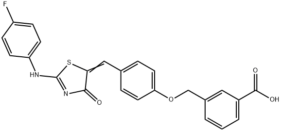 3-{[4-({2-[(4-fluorophenyl)imino]-4-oxo-1,3-thiazolidin-5-ylidene}methyl)phenoxy]methyl}benzoic acid Struktur