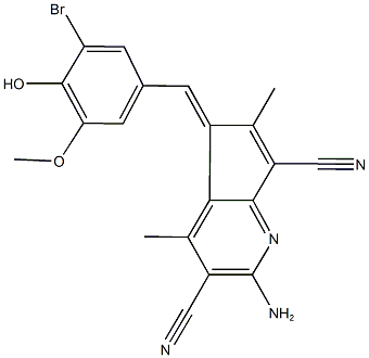 2-amino-5-(3-bromo-4-hydroxy-5-methoxybenzylidene)-4,6-dimethyl-5H-cyclopenta[b]pyridine-3,7-dicarbonitrile Struktur