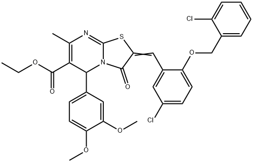 ethyl 2-{5-chloro-2-[(2-chlorobenzyl)oxy]benzylidene}-5-(3,4-dimethoxyphenyl)-7-methyl-3-oxo-2,3-dihydro-5H-[1,3]thiazolo[3,2-a]pyrimidine-6-carboxylate Struktur