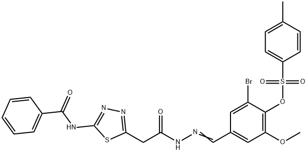 4-(2-{[5-(benzoylamino)-1,3,4-thiadiazol-2-yl]acetyl}carbohydrazonoyl)-2-bromo-6-methoxyphenyl 4-methylbenzenesulfonate Struktur