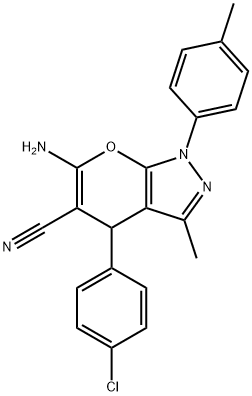 6-amino-4-(4-chlorophenyl)-3-methyl-1-(4-methylphenyl)-1,4-dihydropyrano[2,3-c]pyrazole-5-carbonitrile Struktur